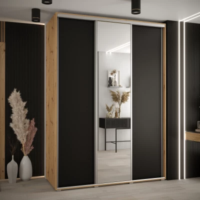 Šatní skříň YVONA 3 - 180/60 cm, dub artisan / černá / stříbrná