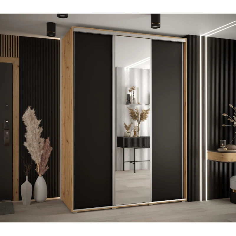 Šatní skříň YVONA 3 - 180/60 cm, dub artisan / černá / stříbrná