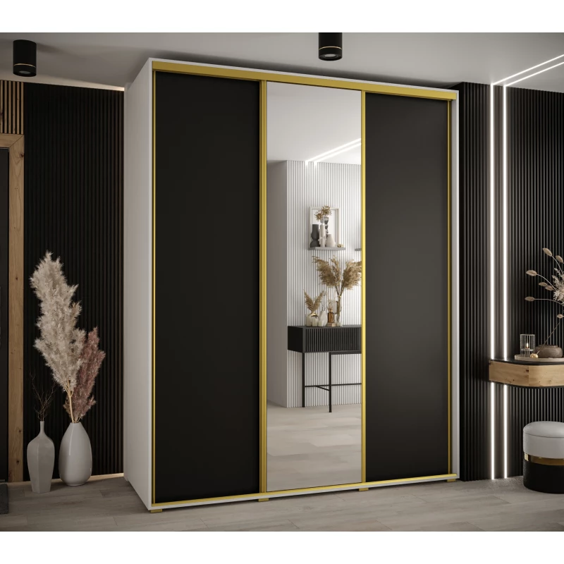 Šatní skříň YVONA 3 - 190/60 cm, bílá / černá / zlatá