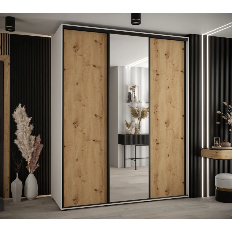 Šatní skříň YVONA 3 - 190/60 cm, bílá / dub artisan / černá