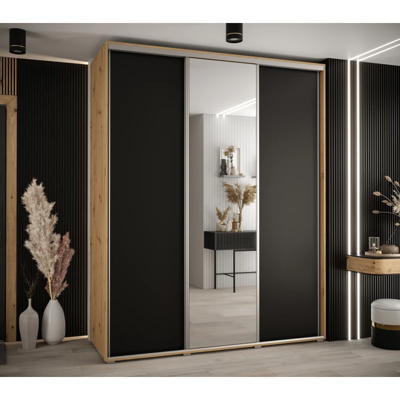 Šatní skříň YVONA 3 - 200/60 cm, dub artisan / černá / stříbrná