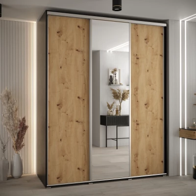 Šatní skříň YVONA 3 - 200/60 cm, černá / dub artisan / stříbrná