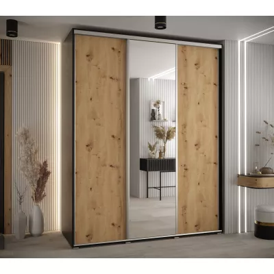 Šatní skříň YVONA 3 - 200/60 cm, černá / dub artisan / stříbrná