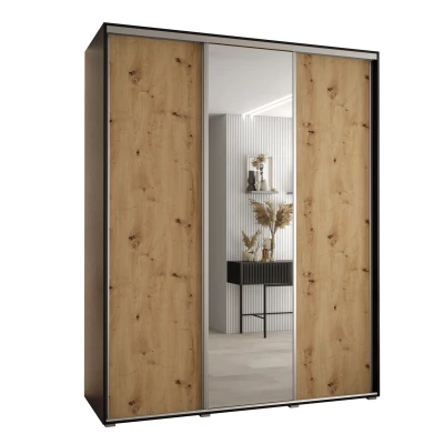 Šatní skříň YVONA 3 - 200/60 cm, černá / dub artisan / stříbrná