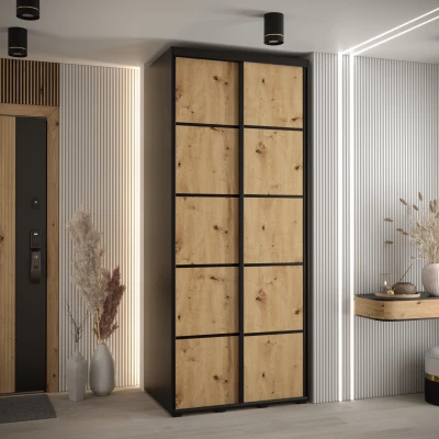 Šatní skříň YVONA 4 - 100/60 cm, černá / dub artisan / černá