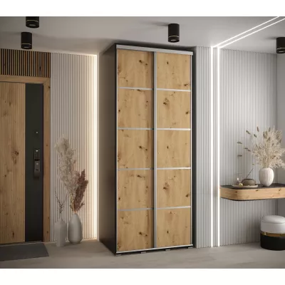 Šatní skříň YVONA 4 - 110/60 cm, černá / dub artisan / stříbrná