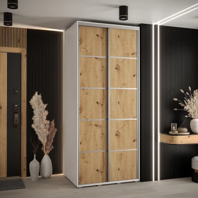 Šatní skříň YVONA 4 - 120/60 cm, bílá / dub artisan / stříbrná