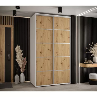 Šatní skříň YVONA 4 - 130/60 cm, bílá / dub artisan / stříbrná