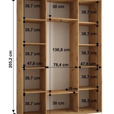 Šatní skříň YVONA 7 - 180/45 cm, bílá / dub artisan / stříbrná