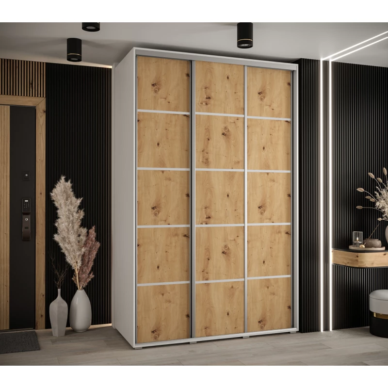 Šatní skříň YVONA 4 - 160/60 cm, bílá / dub artisan / stříbrná