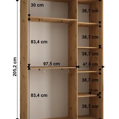 Šatní skříň YVONA 8 - 150/45 cm, dub artisan / bílá / stříbrná