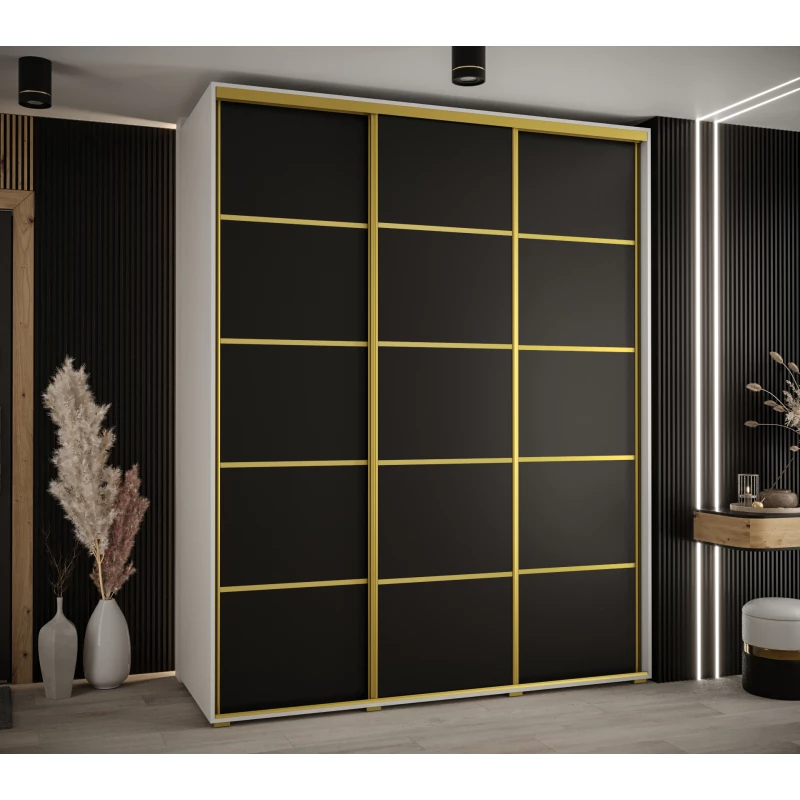 Šatní skříň YVONA 4 - 190/60 cm, bílá / černá / zlatá