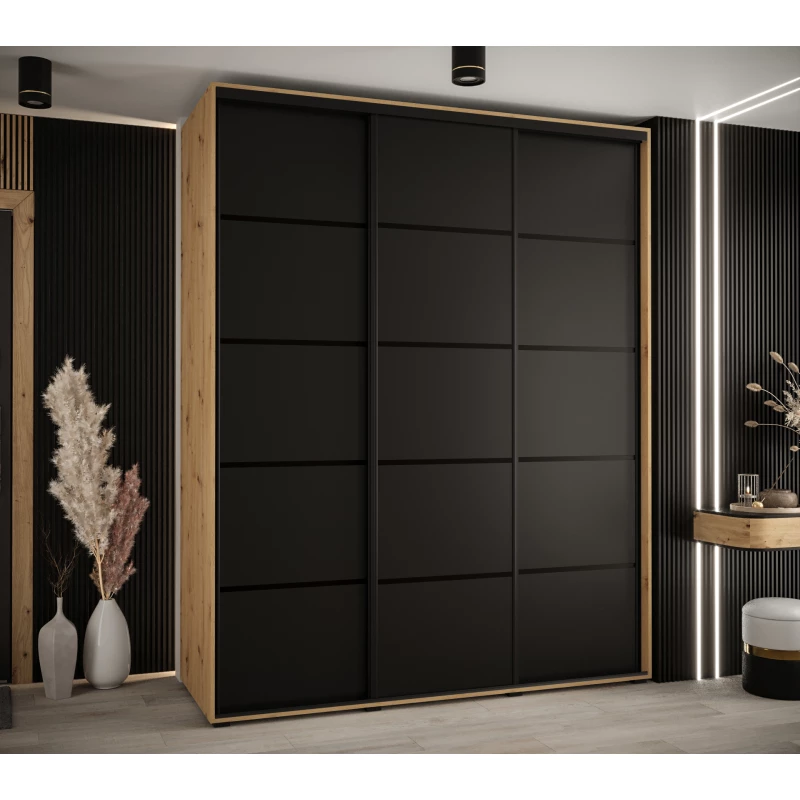 Šatní skříň YVONA 4 - 200/60 cm, dub artisan / černá / černá
