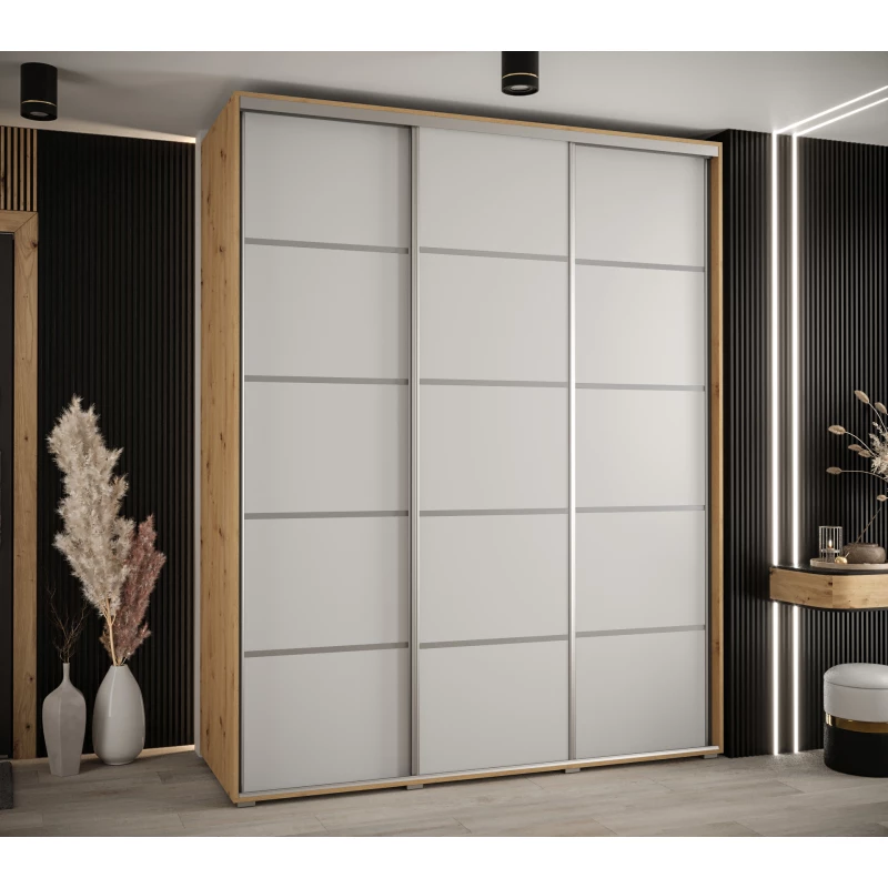 Šatní skříň YVONA 4 - 200/60 cm, dub artisan / bílá / stříbrná