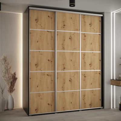 Šatní skříň YVONA 4 - 200/60 cm, černá / dub artisan / stříbrná