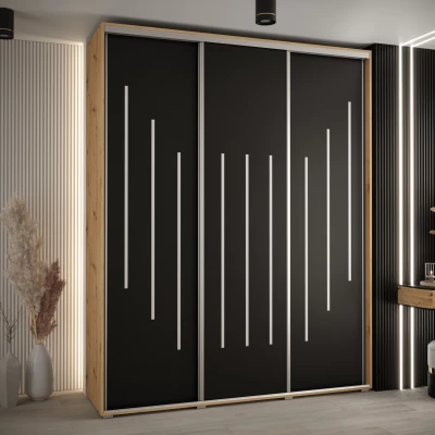 Šatní skříň YVONA 8 - 190/45 cm, dub artisan / černá / stříbrná