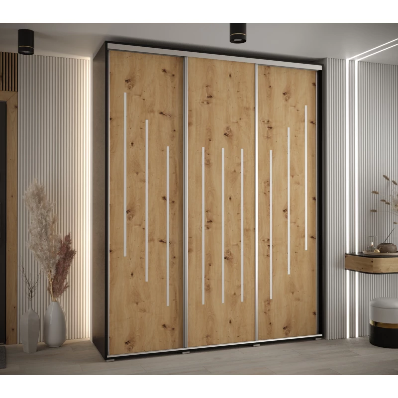 Šatní skříň YVONA 8 - 200/45 cm, černá / dub artisan / stříbrná