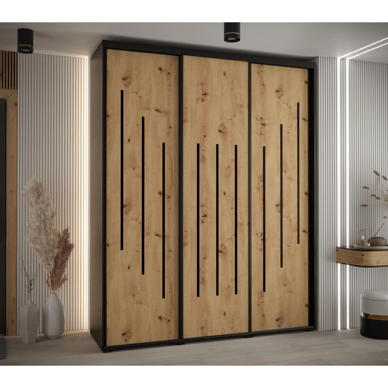 Šatní skříň YVONA 8 - 200/45 cm, černá / dub artisan / černá