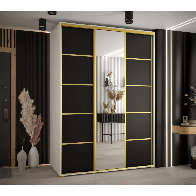 Šatní skříň YVONA 5 - 170/60 cm, bílá / černá / zlatá