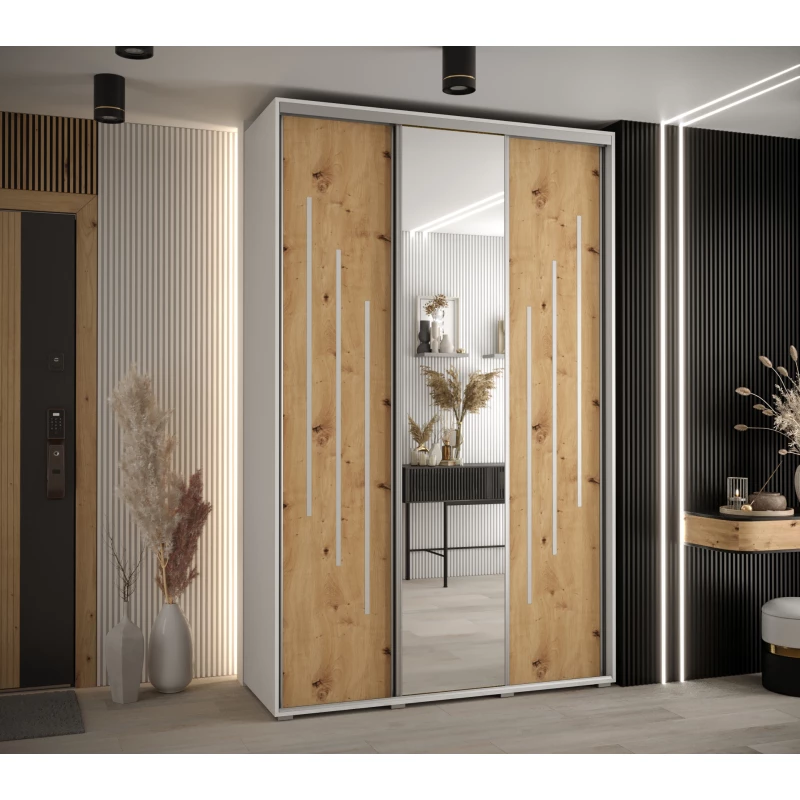 Šatní skříň YVONA 9 - 160/45 cm, bílá / dub artisan / stříbrná