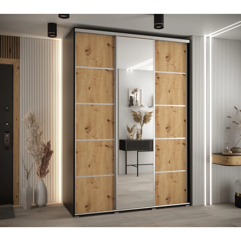 Šatní skříň YVONA 5 - 180/60 cm, černá / dub artisan / stříbrná
