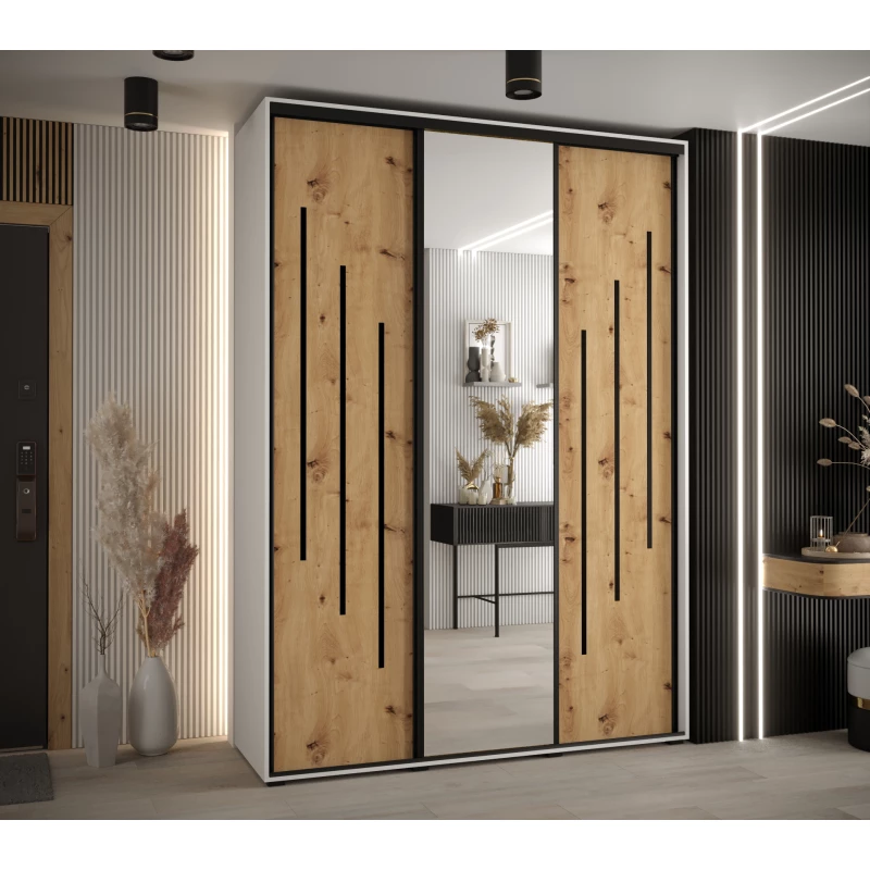 Šatní skříň YVONA 9 - 180/45 cm, bílá / dub artisan / černá