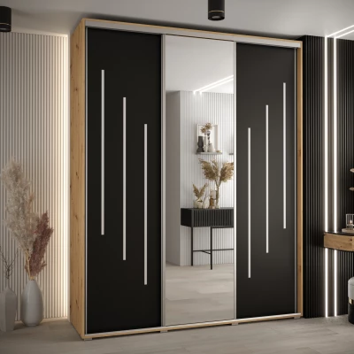 Šatní skříň YVONA 9 - 190/45 cm, dub artisan / černá / stříbrná