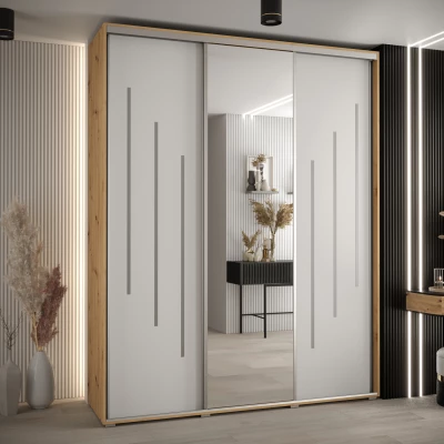 Šatní skříň YVONA 9 - 190/45 cm, dub artisan / bílá / stříbrná