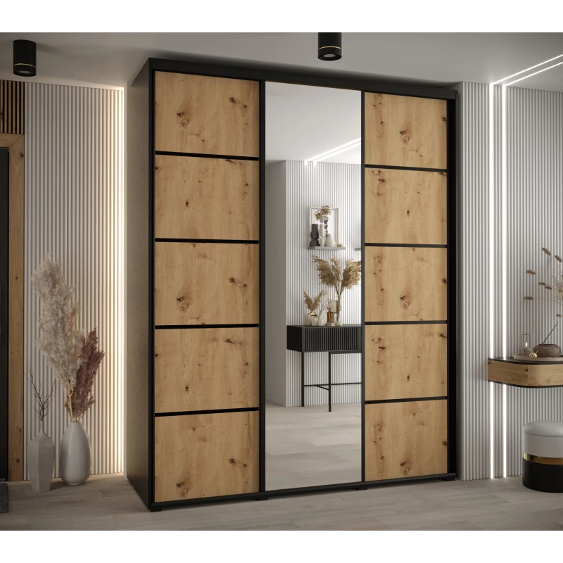 Šatní skříň YVONA 5 - 190/60 cm, černá / dub artisan / černá
