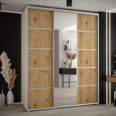 Šatní skříň YVONA 5 - 200/60 cm, bílá / dub artisan / stříbrná