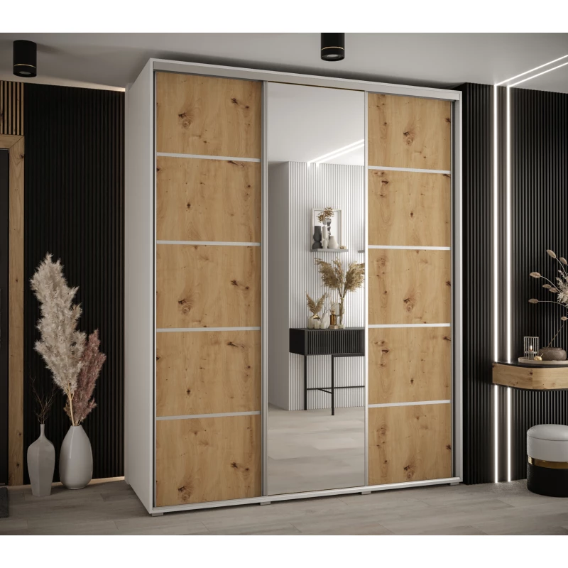 Šatní skříň YVONA 5 - 200/60 cm, bílá / dub artisan / stříbrná
