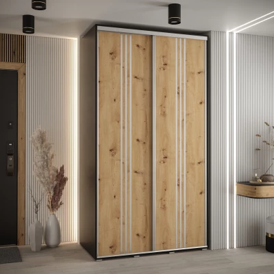 Šatní skříň YVONA 6 - 130/60 cm, černá / dub artisan / stříbrná