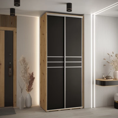 Šatní skříň YVONA 10 - 110/45 cm, dub artisan / černá / stříbrná