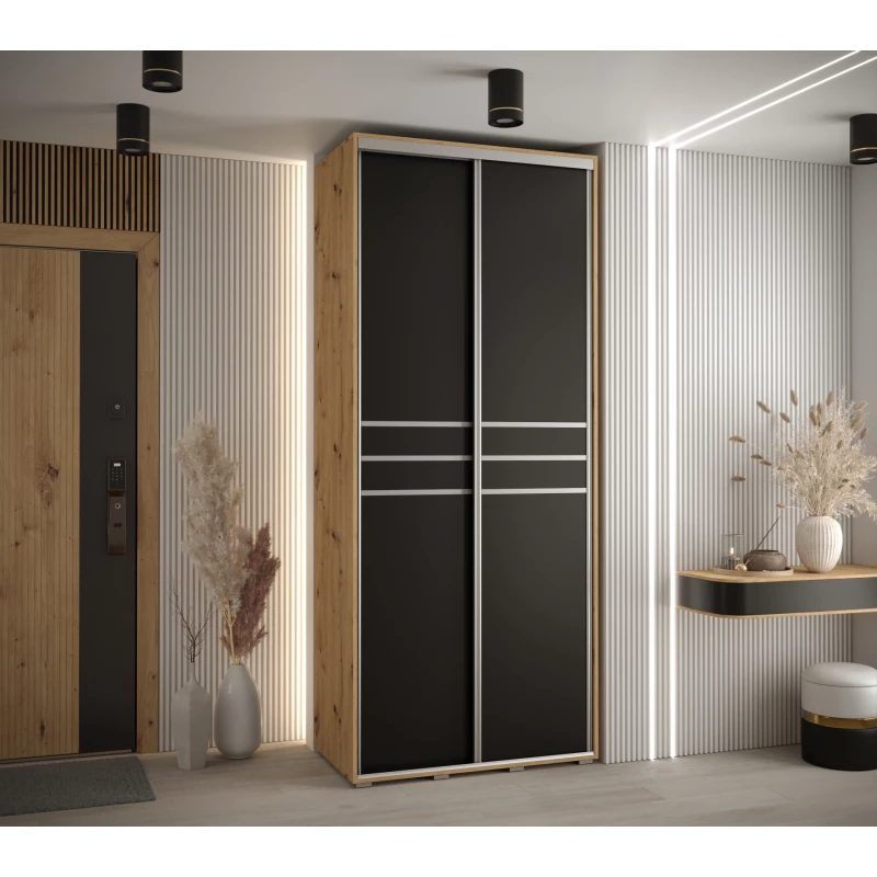 Šatní skříň YVONA 10 - 110/45 cm, dub artisan / černá / stříbrná