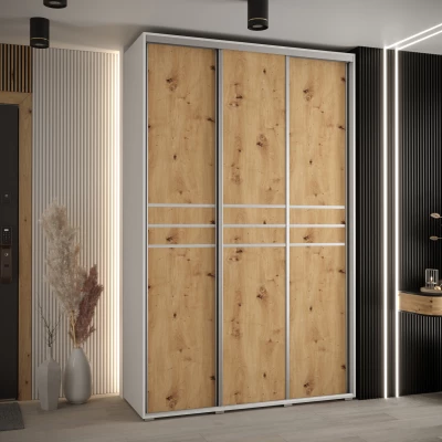 Šatní skříň YVONA 10 - 160/45 cm, bílá / dub artisan / stříbrná