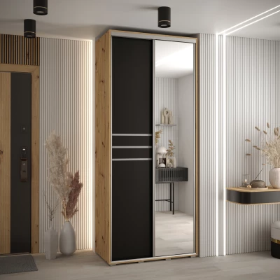 Šatní skříň YVONA 11 - 110/45 cm, dub artisan / černá / stříbrná