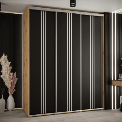 Šatní skříň YVONA 6 - 200/60 cm, dub artisan / černá / stříbrná