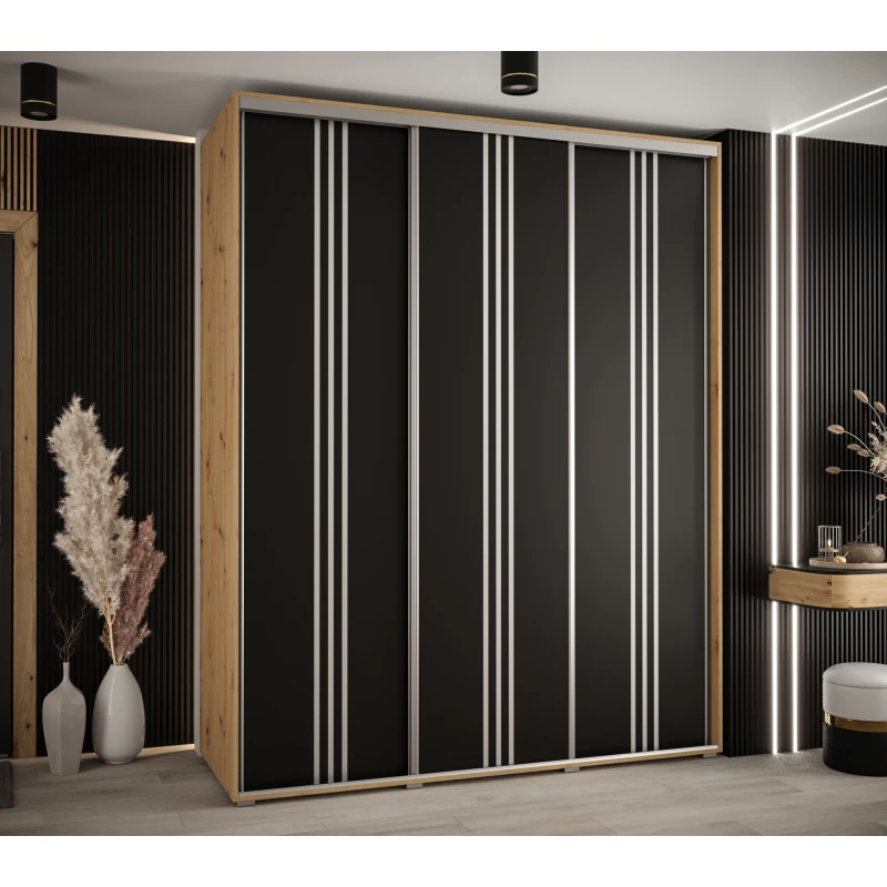 Šatní skříň YVONA 6 - 200/60 cm, dub artisan / černá / stříbrná