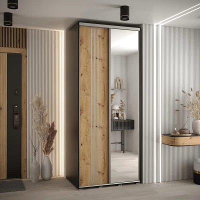 Šatní skříň YVONA 7 - 110/60 cm, černá / dub artisan / stříbrná