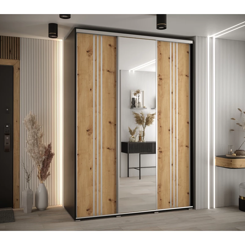 Šatní skříň YVONA 7 - 170/60 cm, černá / dub artisan / stříbrná