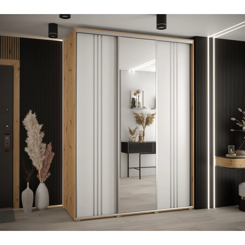 Šatní skříň YVONA 7 - 180/60 cm, dub artisan / bílá / stříbrná