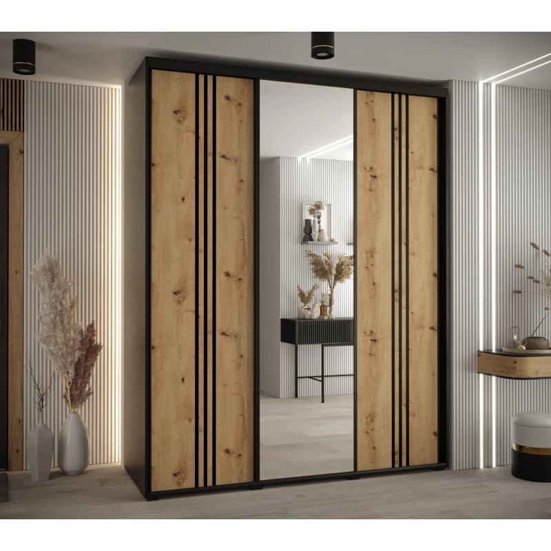 Šatní skříň YVONA 7 - 190/60 cm, černá / dub artisan / černá