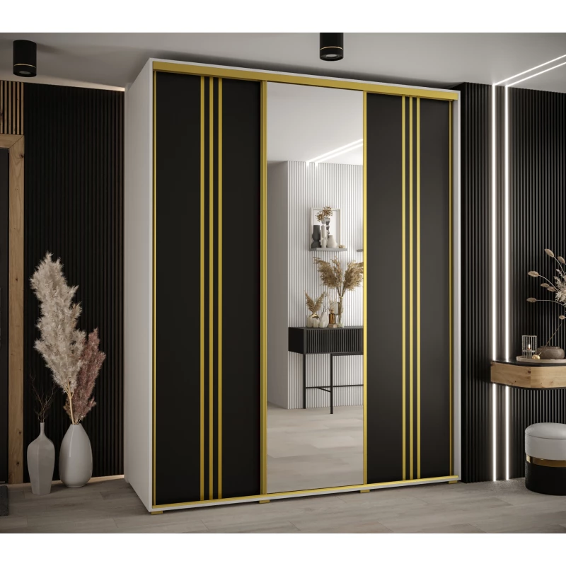 Šatní skříň YVONA 7 - 190/60 cm, bílá / černá / zlatá