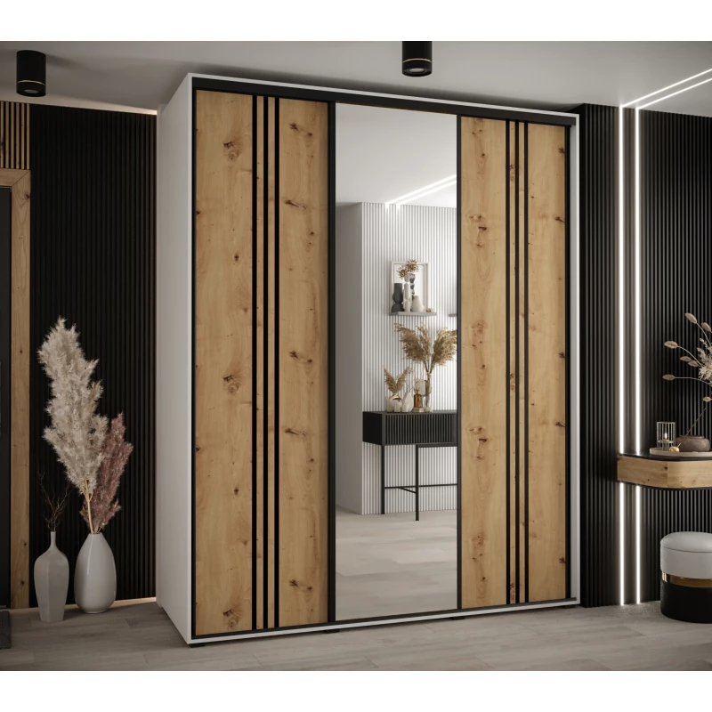 Šatní skříň YVONA 7 - 190/60 cm, bílá / dub artisan / černá