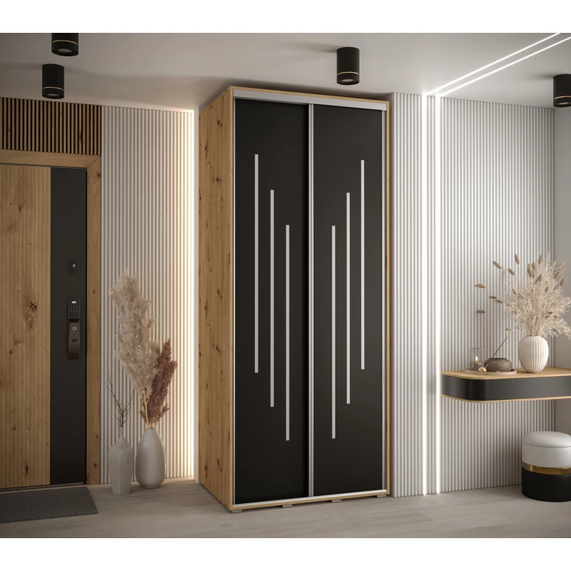 Šatní skříň YVONA 8 - 110/60 cm, dub artisan / černá / stříbrná