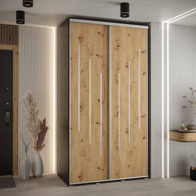 Šatní skříň YVONA 8 - 130/60 cm, černá / dub artisan / stříbrná