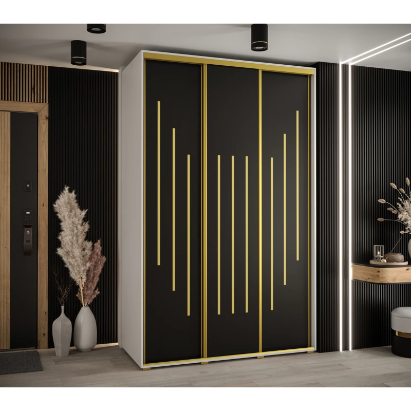 Šatní skříň YVONA 8 - 150/60 cm, bílá / černá / zlatá