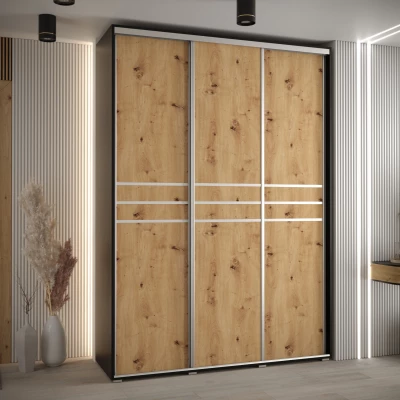 Šatní skříň YVONA 10 - 170/45 cm, černá / dub artisan / stříbrná