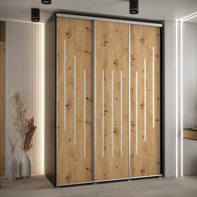 Šatní skříň YVONA 8 - 170/60 cm, černá / dub artisan / stříbrná