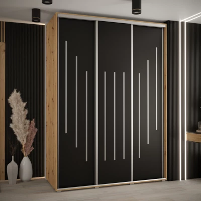 Šatní skříň YVONA 8 - 180/60 cm, dub artisan / černá / stříbrná